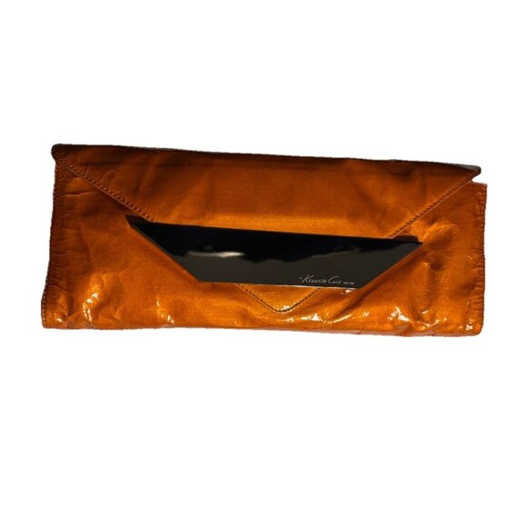 Kenneth Cole Patent Leather Envelope Clutch Orange Metallic Elegant Party Bag - Picture 2 of 9